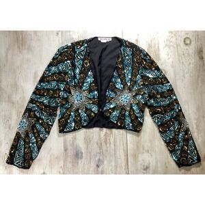 Scala Vintage Beaded Silk Bolero Jacket Gold Turquoise Sequin Starburst Medium